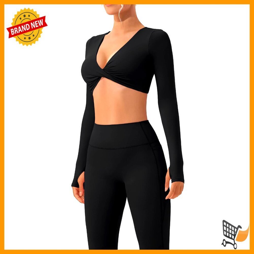 Long Sleeve Twist Deep V Crop Top Yoga Leggings Set Workout Activewear
